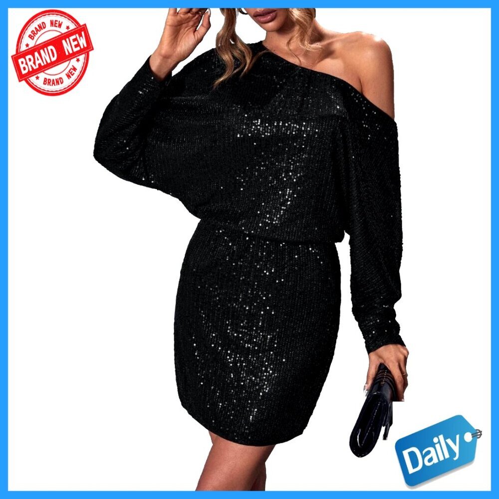 Sequin Batwing Sleeve Asymmetrical Neck Bodycon Midi Party Dress